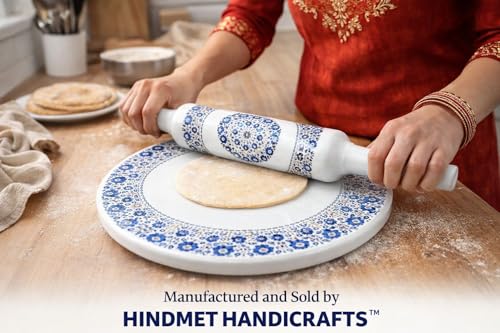 Image of Blue Floral Design MARBLE CHAKLA BELAN SET | Printed 10 Inch Enamel Marble Roti Maker with Wooden Belan | Heavy Duty Non-Slip Marble Chakla for Roti, Chapati, Paratha | Kitchen Rolling Board (1 Piece)