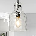 WILON Industrial Glass Pendant Lights for Kitchen Island, Modern Black Pandent Light Fixture 7" Hammered Glass Shade Farmhouse Pendant Lights Adjustable Rod Hanging Light for Kitchen Sink Dining Room