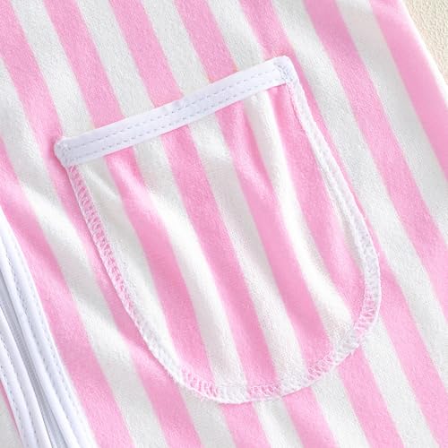 Image of Girls Boys Hooded Terry Coverups One Piece Swimsuits Summer Striped Trim Zip Up Short Sleeve Swim Cover Up Beachwear