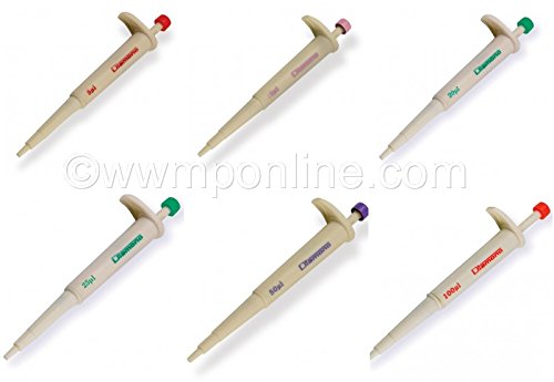 Globe Scientific 3322P Diamond Jr. Mini Pipette Set, Autoclavable, Assorted, 5µL/10µL/20µL/25µL/50µL and 100µL 6 Pipettes Fixed Volume