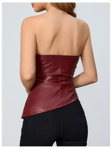 MakeMeChic Women's Faux Leather Strapless Tube Tops Asymmetrical Ruched Backless Corset Crop Going Out Tops2