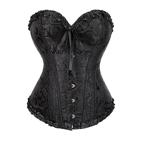 SUIUOI Dameskorset bustier, gothic, kant, strakke taille, riem, tekening in kant, chic, grote maten, platte buik, contrasterende top, afslankend, modellerend, shapewear., Zwart, XS