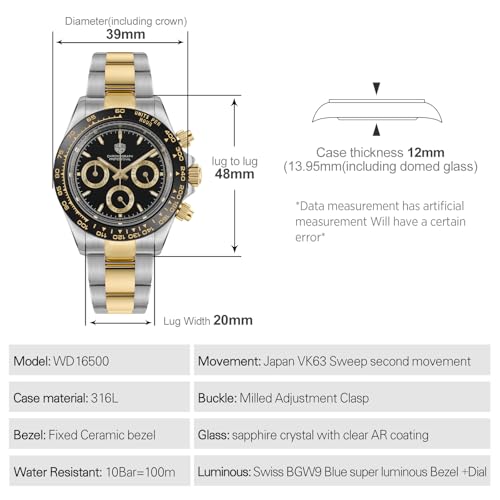 Image of watchdives Quartz Chronograph Watches, WD16500 Mens Wristwatch Japan VK63 Movement 39mm Sapphire Crystal Wristwatch 100M Waterproof Sport Watch for Men