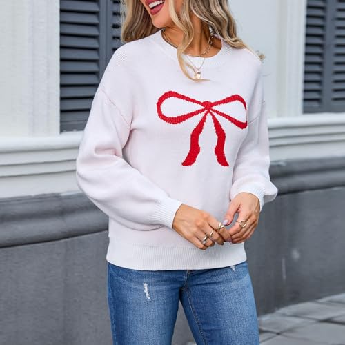 Image of Women Y2K Fall Sweater Cute Bow Print Long Sleeve Cable Knit Pullover Casual Oversized Jumpers for Women