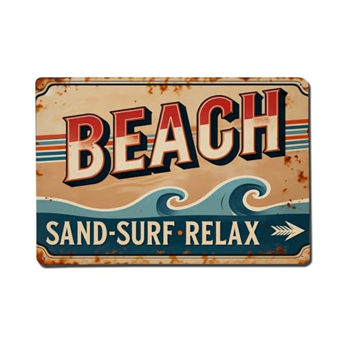 Plaque en métal rétro avec flèche de plage sur le sable, surf, relaxation, vague, décoration murale pour maison, bar, café, affiche en métal 20,3 x 30,5...