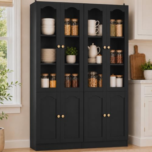 Image of Cyclysio 80 inch Tall Pantry Cabinet with 8 Doors, Black Kitchen Pantry Storage Cabinet with Built-in Baseboard Notch & Adjustable Shelves - Kitchen Storage Cabinet for Dining, Living Room, Office