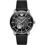Emporio Armani メンズ 多機能 ドレスウォッチ レザーバンド付き, ブラック&シルバーオートマチック, 自動巻き腕時計。