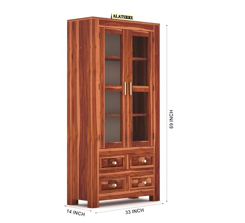 Image of Wood Book Shelf with Glass Door, Wooden Bookshelf for Home Library, Kitchen Crockery Cabinet, Study Room Furniture, Books Rack, Book Stand, Wooden Bookcases,Honey Finish