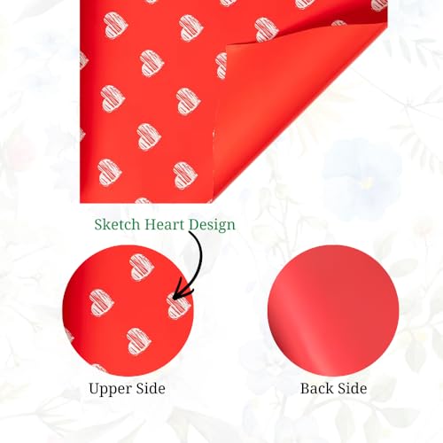 Image of Oasis - 20 Sheets Korean Style Waterproof Premium Bouquet Wrapping Sheet (58cm x 58cm, 60 Microns) | Sketch Heart Valentine Design, Giftwrap for Flowers & DIY Gift Wrapping Paper (Red)