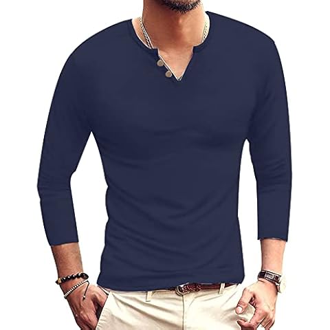 LVCBL Mens Cotton Shirts Long Sleeve Henley Shirts Homewear Navy M Cover