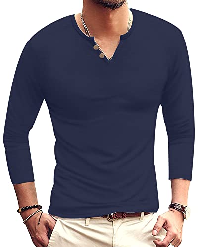 LVCBL Henley T-shirt à manches longues boutonné en coton pour homme Coupe ajustée, bleu marine, S Cover