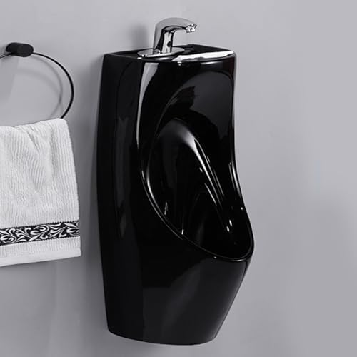 Men's Ceramic Wall-Mounted Urinal with Wash Basin & Sensor Faucet - Anti-Odor Splash Design for Commercial Use in Bars, Hotels, & Public Toilets (Black)