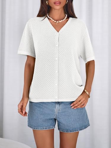 Image of NALANISA Women's Short Sleeve Sweater Spring Summer Crochet Knit Tops 2026 V Neck Striped Button Down Dressy Casual Blouses