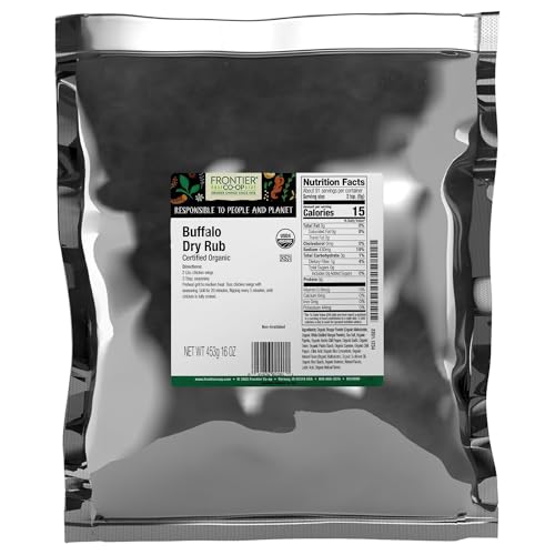 Frontier Co-op Organic Buffalo Dry Rub, 1lb Bulk Bag - Tangy and Spicy Seasoning with Paprika, Vinegar, and Chili Pepper for Chicken and Popcorn | 16 Ounce (Pack of 1)