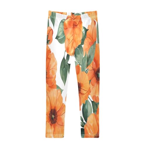 Toddler Girls Leggings Printed Yoga Pants Leggings Orange Flowers Drawn in Watercolor for Kids