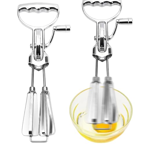 Handmixer Ohne Strom, Handrührgerät aus Edelstahl, Handkurbel-Ei-Schläger, Doppelkopf Handmixer mit Kurbel, Rührgerät Halbautomatischer Schneebesen für Eischnee, tragbares Küchen-Kochwerkzeug