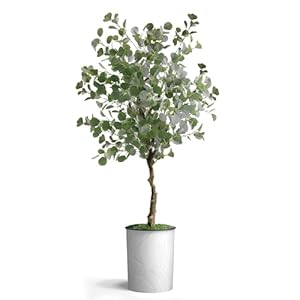 Artificial tree in white marble effect planter fake eucalyptus silk tree for indoor and outdoor home decoration 57 overall tall plant pot plus tree  urban country home decor