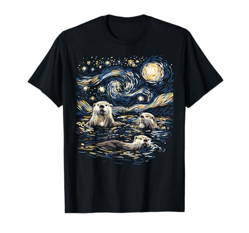 Three River Otters Van Gogh Starry Night River Otters Lover T-Shirt