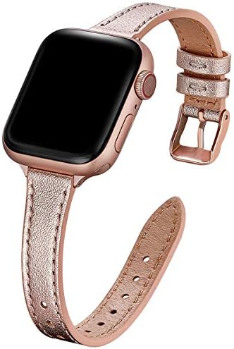 SUNFWR Compatible with Apple Watch Strap 38mm 40mm 41mm,Genuine Leather Strap Replacement,Slim&Thin Wristband for iwatch Series 7/6/5/4/3/2/1,SE(38mm 40mm 41mm,Black&Rosegold)
