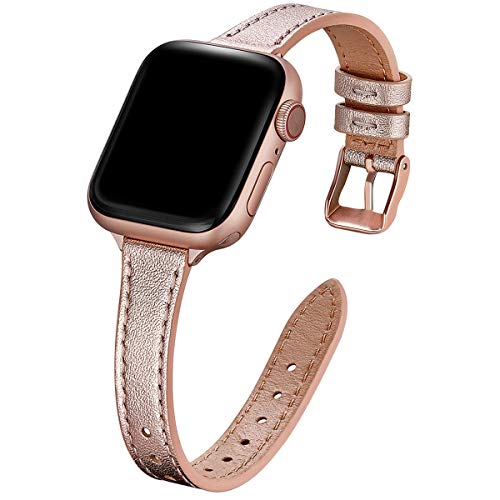 STIROLL Slim Leather Bands Compatible with Apple Watch Band 49mm 46mm 45mm 44mm 42mm(Series 3 2 1), Top Grain Leather Watch Thin Wristband for iWatch Ultra SE Series 11 10 9 8 7 6 5 4(Rose G
