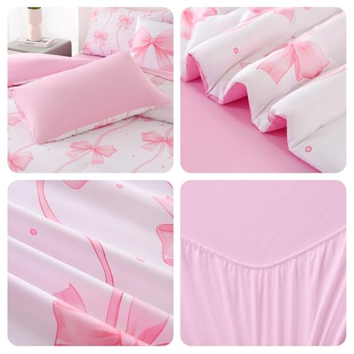 Image of DORCAS Bow Twin Comforter Set for Girls,6 Pieces Bed in A Bag Pink Bow Bedding Sets with Sheets for Kids