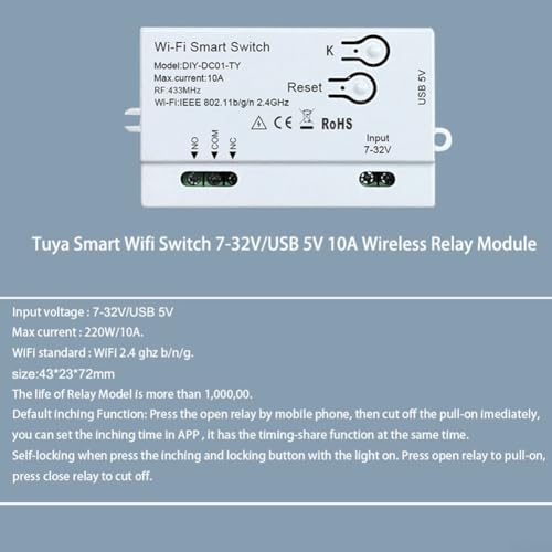 Miniatura 5 de Interruptor De Relé Wifi, Para Interruptor Inteligente Para Tuya Wifi, Temporizador Diy, Módulo De Automatización De 1 Canal 7-32v Usb 5v, Controlado Por La Aplicación Smart Life Tuya