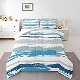 Erosebridal Abstract Blue Comforter Set Queen Size Modern Teal Grey Striped Bedding Set for Boys Men Geometric Aesthetic Oil Painting Comforter Minimalist Simple Watercolor Quilt