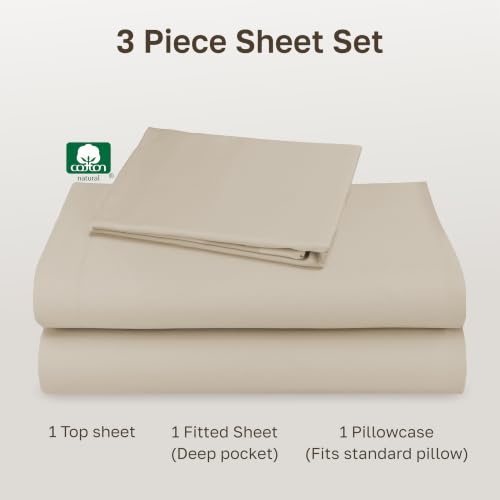 Image of California Design Den Twin Size Sheets Set - Natural 100% Cotton Sheets Twin Size Set, 12 inch Pockets, Soft Sateen, Breathable and Durable Bedding for Dorm Rooms, College (Butter)