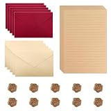 50 Piezas Papel de Carta Vintage, Papel Cartas Set de Papelería con 10 Sobres Papel de Lino y 10 Sellos de Lacre 30 Hojas de Papelería con Líneas Kraft Adecuadas para Invitaciones Bodas Tarjetas