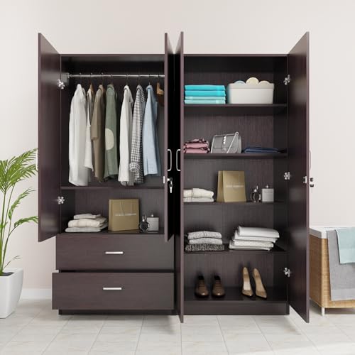 Image of VIKI Wardrobe | Wooden Almirah for 4 Door 2 Drawer with Shelves & Hanging Space Wardrobe (Dark Wenge - 40D x 160W x 180.8H) | 1 Year Warranty | Free Assembly