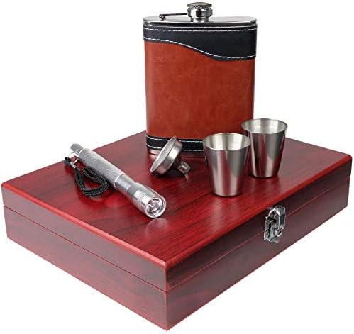 Excello Global Products Hip Flasks Gift Set: Highest Food Grade Stainless Steel Beverage Flask, Includes Funnel, Flashlight, 2 Steel Cups in a Wood Box