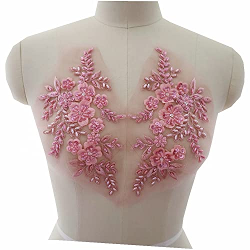 2Pcs Embroidered Beads 3D Flower Applique Lace Fabric Collar Patches Sew Patch Wedding Bridal Gown Clothes Dress Decor DIY Crafts (Pink) by JINMOMOMO - Used condition - US$7.86