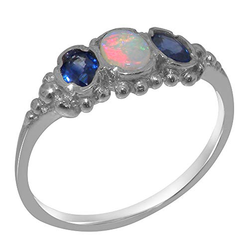 Solid-14k-White-Gold-Natural-Opal-Sapphire-Womens-Trilogy-Ring-Sizes-4-to-12-Available