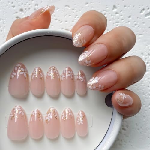 Nude Floral Gold Foil Press on Nails Short Almond Fake Nails Kit 24PCS