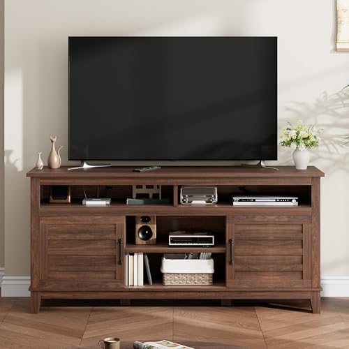 Garvee 63 Inch TV Stand, Entertainment Center with Adjustable Shelves, Farmhouse TV Stand with Cabinet Doors,for Living Room, Brown, 63"
