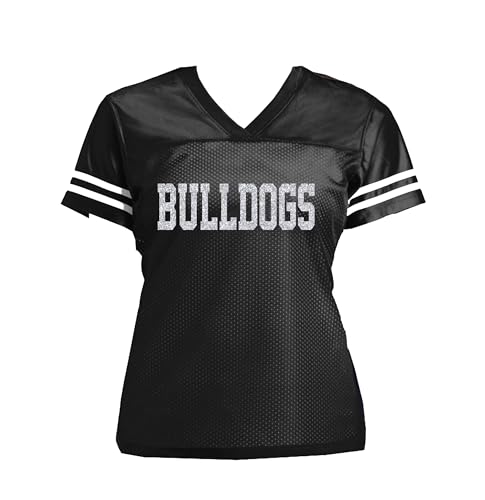 Personalized Team Football Glitter Jersey, Women's Shirt with Bulldogs or School, Black Silver