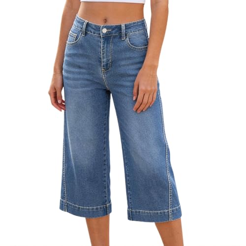 Pantacourt femme jean ample chic et élégant en couleur unie denim taille haute