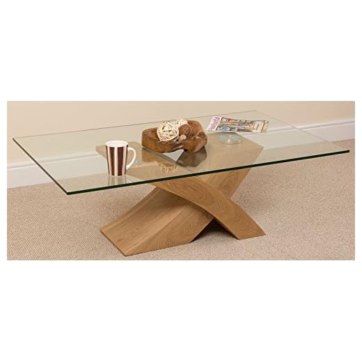 Milano Stylish Glass and Wood Coffee Table | Modern X Shaped Cross Base Low Living Room Table | Large Oak Colour Occasional Table 135 x 80 x 45 cm | Milano by Oak Furniture King