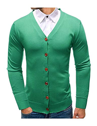 APRAW Mens Casual Slim Fit Soft Cotton V-Neck Button Down Lightweight Knitted Cardigan Sweater with Ribbing Edge Green