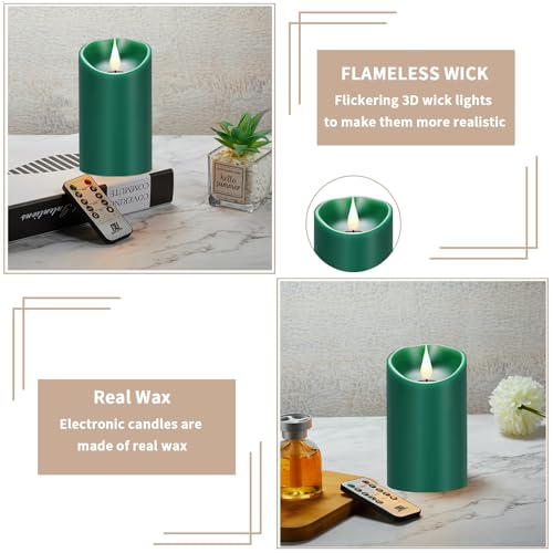 Image of Rechargeable Flameless Candles with Remote, Led Candles Flickering, Battery Operated Candles, Pillar Real Wax Green USB Candle 3D Wick for Home, Wedding, Halloween, Christmas 3 inch x 4 inch