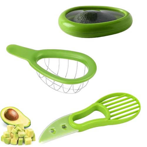 Ensemble Coupe-Avocat 3 Pièces avec Boîte de Rangement, Trancheur, Cuillère et Presse – Ustensiles de Cuisine Multifonctions pour Couper, Dénoyauter, Peler et écraser les Avocats – Accessoire de Cuisi