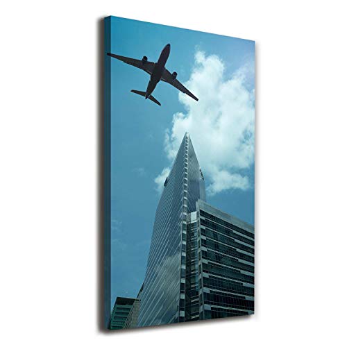 Avion sur la ville : peinture sur toile haut de gamme 60x120 cm décoration véhicules