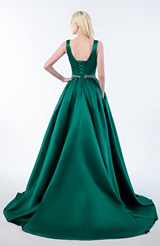 OFEECHUN Women's A Line Satin Prom Dresses Long Ball Gown Ruched Beaded Evening Formal Party Dress with Pockets2