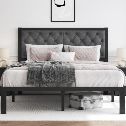 HISOFT Queen Bed Frame with Upholstered Button Tufted Headboard, Bed Frame Platform Metal Slats Support, Under Bed Storage, No Box Spring Needed, Noise-Free, Easy Assembly, Grey