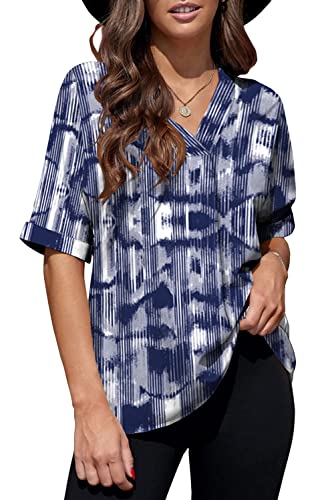 Necooer Blusa de gasa para mujer, cuello en V, manga corta, suelta, para verano, azul marino, L Cover