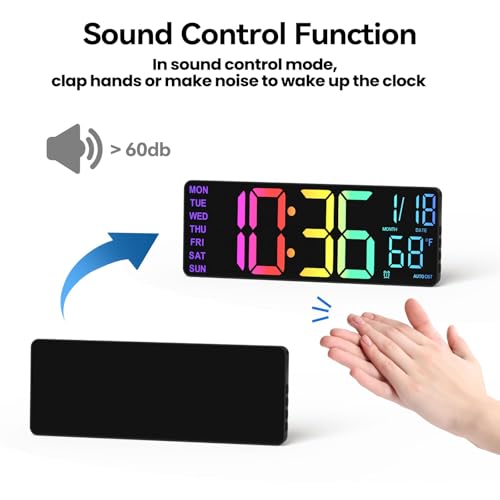 Image of YISILE Digital Wall Clock Large Display, 13 inch Large Digital Wall Clock with RGB Color Remote Control, Automatic Brightness Dimmer Big Clock with Night Lights, Auto DST, Date Week,Perfect for Gift