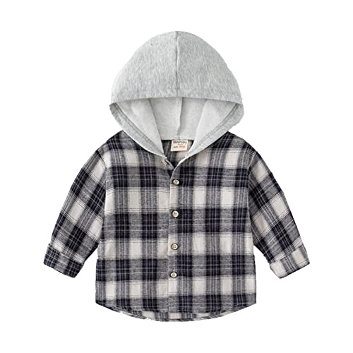 Little Boys Girls Flannel Plaid Shirt Toddler Kids Long Sleeve Hooded Jacket Sweatshirt with Pockets Baby Button Down Shirts