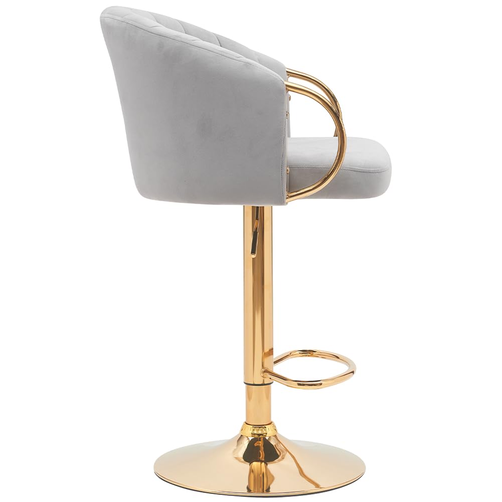 BAKAJI Set 2 Sgabelli da Cucina con Altezza Regolabile e Rivestimento in Tessuto, Sedie da Bar, Ristoranti, con Struttura Oro e Poggiapiedi, Sgabello Girevole Schienale Comfort Imbottito (Grigio)