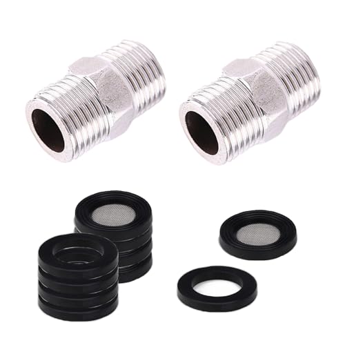 Conectores de Ducha 1/2 Pulgadas Ø20mm, 2 Boquillas Dobles con Adaptador de Grifo y Extensión de Manguera, Incluye 4 Filtros y 4 Juntas, Acero Inoxidable Resistente para Baño y Fontanería