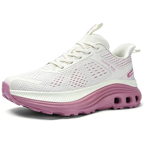 ARTOPEAK Women's Wide Walking Shoes Cushioned Running Shoes with Arch Support, Comfortable Orthopedic Slip On Tennis Shoes for Workout Gym, Lightweight Sports Athletic Sneakers White/Pink Size 8